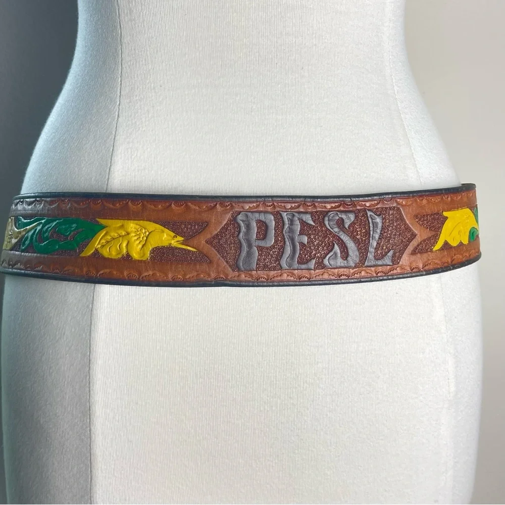 Vintage 70s Western Leather Tooled Belt | Embossed Name | Retro Rockabilly Hip